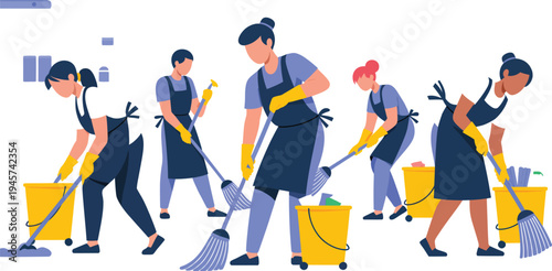 Diverse team of janitors work together diligently to clean and sanitize.