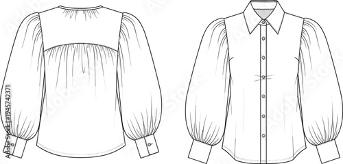 Technical fashion illustration of women’s blouse with bishop sleeves, button‑down closure, pointed collar, wide cuffs, gathered yoke, front and back views