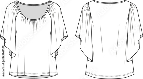 Technical fashion illustration of women’s blouse with scoop neckline, flutter sleeves, gathered shoulder detail, curved hemline, front and back views