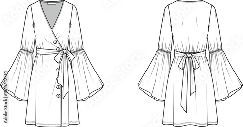 Technical fashion illustration of women's wrap dress with bell sleeves, tie belt, buttons, front and back view flat sketch design template