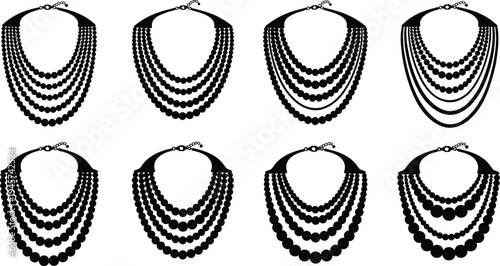 Elegant Pearl Necklace Collection Silhouette Set with Layered Beaded Jewelry Chains for Fashion Accessories, Luxury Ornament, and Jewelry Design