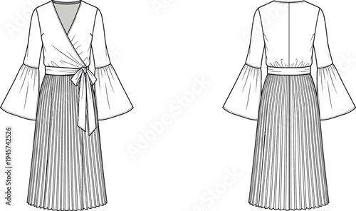 Technical fashion illustration of women's wrap dress with bell sleeves, tie belt, and pleated midi skirt, front and back view flat sketch.