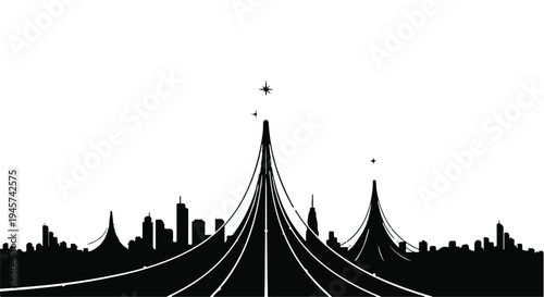 Stylized monochrome cityscape with towering structures and sleek upward-sweeping urban roads illustration
