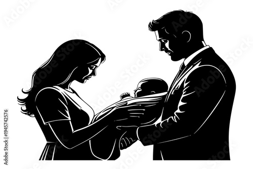 Parents Holding Baby for Church Blessing Christening Dedication Family Faith Black Vector Silhouette