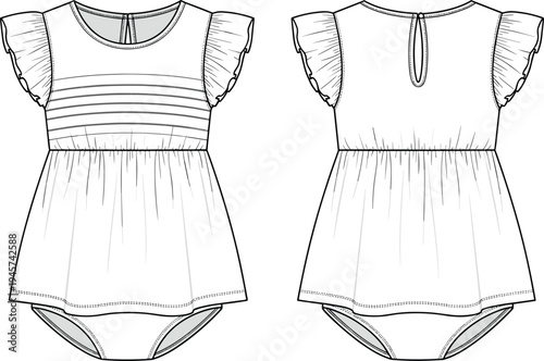 Technical flat sketch of baby girl romper dress front and back view with flutter sleeves pintuck pleats gathered skirt garment design