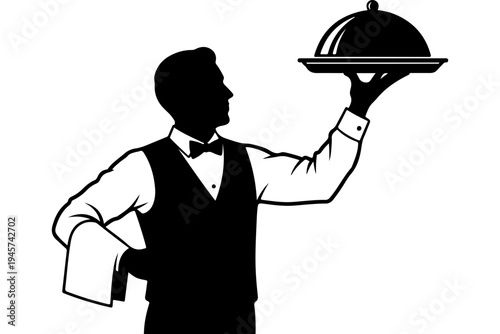 Elegant Waiter Serving with Silver Tray
