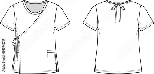 Technical flat sketch of short‑sleeved women’s wrap top with tie closure, round neckline, patch pocket, seam details, front and back views