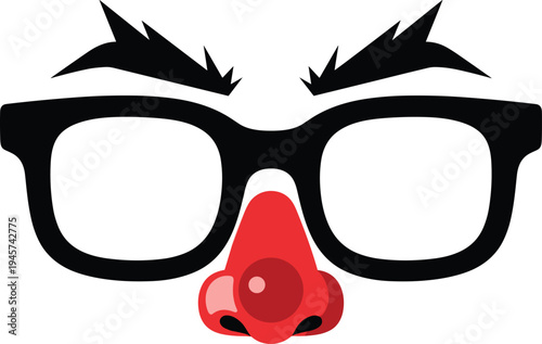 Funny Disguise Glasses with Eyebrows and Red Clown Nose Cartoon Style Illustration for Party Costume, Comedy Prop, and Carnival Entertainment Design