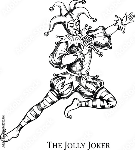 The Jolly Joker Vintage Jester Character Playing Flute in Classic Engraving Style Illustration for Carnival, Medieval Entertainment, and Theater Design