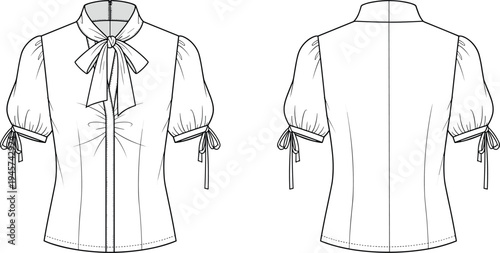 Technical flat sketch of women’s blouse front and back view with bow tie neckline puff sleeves fashion garment design illustration template