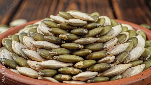 Close up of shelled pumpkin seeds in ceramic bowl displaying natural textures