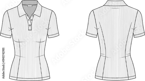Technical flat sketch of women’s polo shirt front and back view with collar button placket pinstripe fabric tailored seams fashion design