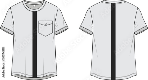 T-shirt technical drawing front and back view with vertical stripe design and chest pocket, fashion flat sketch template for apparel design