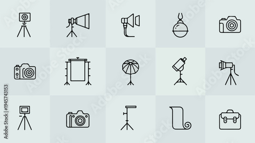 A collection of professional photography and videography equipment icons.