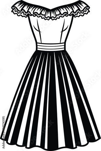 Vintage fashion flat sketch of off shoulder ruffle trim dress with fitted bodice waistband and pleated skirt garment design illustration