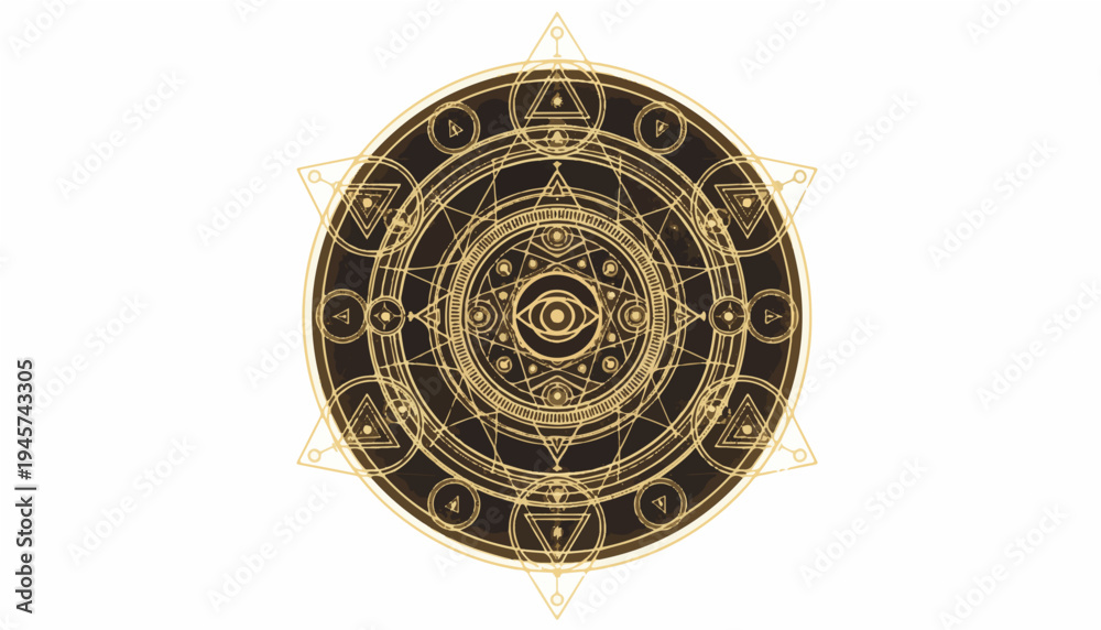 Fototapeta premium Sacred Geometry Mandala with All-Seeing Eye, Mystical Alchemy Gold Ornament