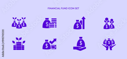Money bag with coins for fund asset management icon set. Growth graph for financial and investment concept. Success wealth saving icons. Dollar sign currency for revenue transaction payment icons.