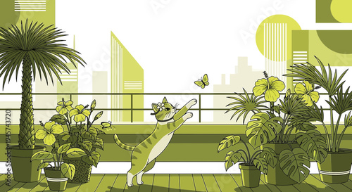 Cute Cat Chasing Butterfly on Rooftop Garden with Cityscape Background