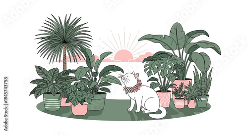Cute Cat in Tropical Plants Garden at Sunset Illustration