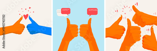 Minimalist vector illustration of a series concept showing three variations of a raised thumbs-up gesture.