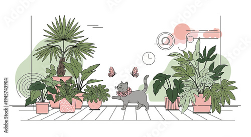 Cute Cat with Butterfly Among Houseplants in Minimalist Interior