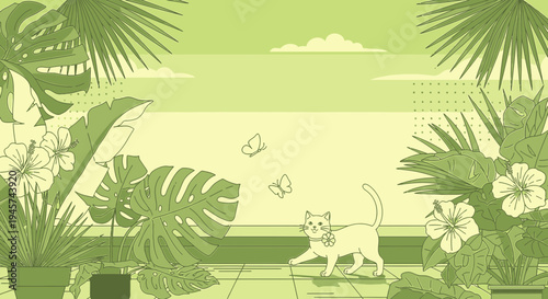 Cute Cat Walking Among Tropical Plants and Butterflies, Greenery Garden Illustration