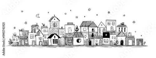 Whimsical Black And White Sketch Of A City Skyline Featuring Diverse Building Designs