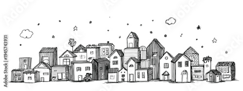 Whimsical Black And White Sketch Of A City Skyline Featuring Diverse Building Designs