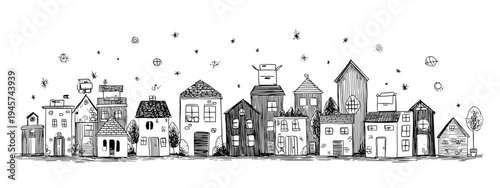 Whimsical Black And White Sketch Of A City Skyline Featuring Diverse Building Designs