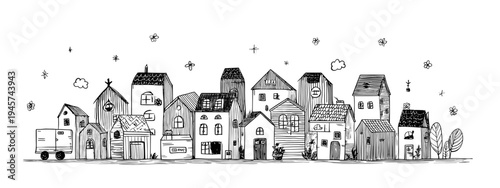 Whimsical Black And White Sketch Of A City Skyline Featuring Diverse Building Designs