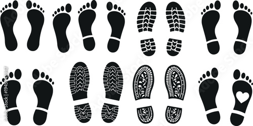 Footprint and shoe sole silhouettes set including barefoot tracks and boot tread prints walking trail vector illustration collection