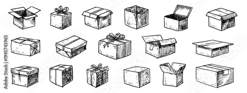 Variety of Hand-Drawn Boxes in Different Shapes and Sizes Ready for Gift Giving or Shipping