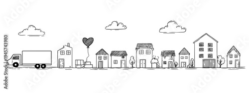 Whimsical Black And White Sketch Of A City Skyline Featuring Diverse Building Designs