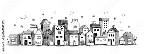 Whimsical Black And White Sketch Of A City Skyline Featuring Diverse Building Designs