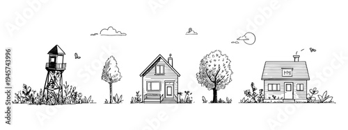 Whimsical Black And White Sketch Of A City Skyline Featuring Diverse Building Designs