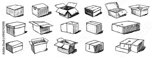 Variety of Hand-Drawn Boxes in Different Shapes and Sizes Ready for Gift Giving or Shipping