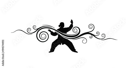 Martial Arts Silhouette with Flowing Ornaments