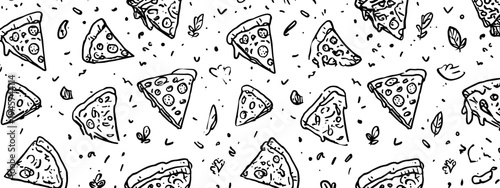 Delicious Pizza Slices and Ingredients Pattern Illustration on a White Background