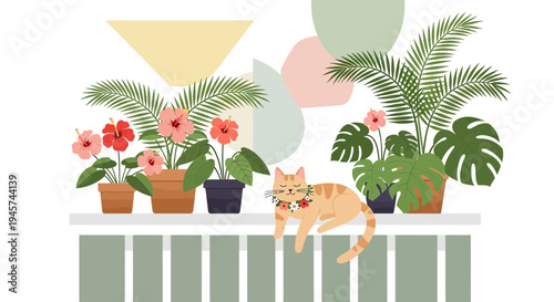 Cute Cat with Flowers Among Tropical Plants, Mid-Century Modern Decor