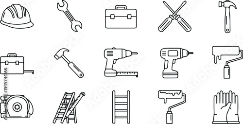 Construction tools and equipment line icons set including helmet wrench hammer drill toolbox ladder paint roller vector collection