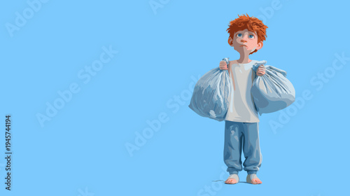 Young Boy Holding Clothes and Looking Curious in a Playful Cartoon Style 