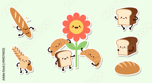 Cute Cartoon Bread Characters with Flower Illustration