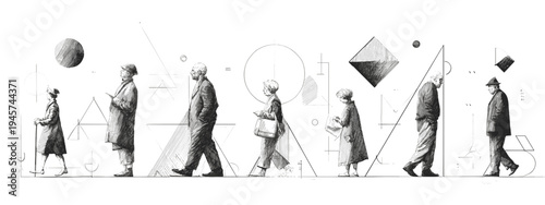 Sequence of People Walking in Various Attires Against an Abstract Monochrome Background