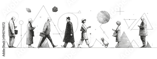 Sequence of People Walking in Various Attires Against an Abstract Monochrome Background