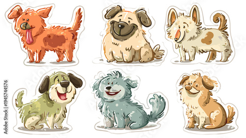 Group of Adorable Cartoon Puppies Sitting Together in Various Poses and Expressions