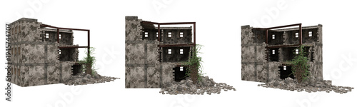 War damaged ruined buildings with rubble. Set of 3 isolated 3D rendered illustration.