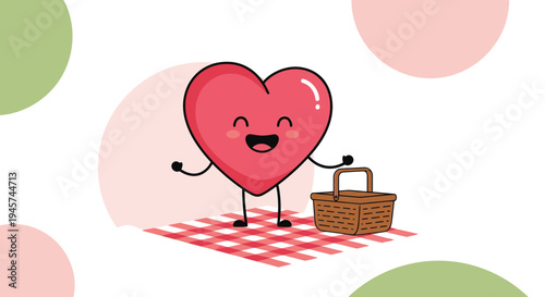 Cute Cartoon Heart Character with Picnic Basket, Happy Valentine's Day