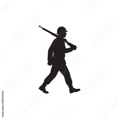 Silhouette of Soldier Marching with Rifle.