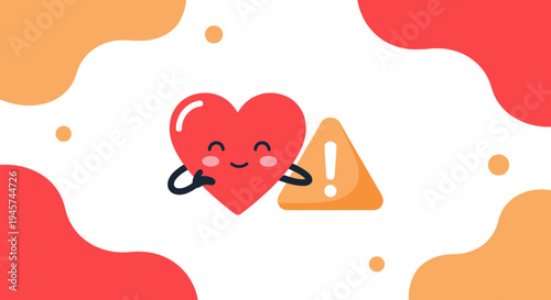 Cute Cartoon Heart Character with Warning Sign - Health Alert Concept