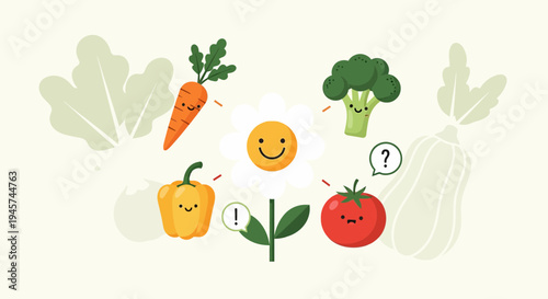 Cute Cartoon Vegetables and Flower Smiling with Leaves and Squash Background